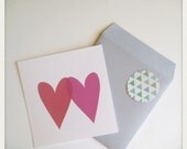 anniversary card love, hearts, envelope and sticker, red and hot pink, minimalist