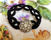 Crochet scallops bracelet with vintage Art Deco Paste Diamante button