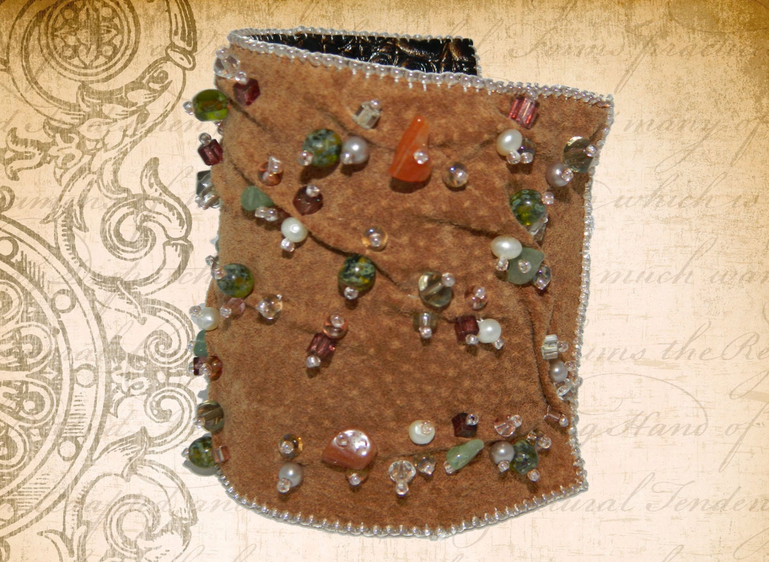 Leather Beaded embroidery cuff bracelet with glass beads stones cornelian jade - suede brown orange terracotta - Beadwork Jewelry