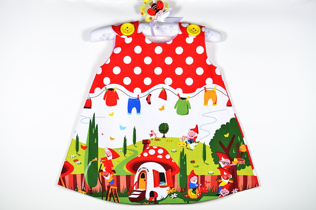Sweet Gnomeville, Fun and girly baby dress, Top, Etsy Kids, Modern, Aline Dress, Red Polka Dots,Children clothing, Marvieshop