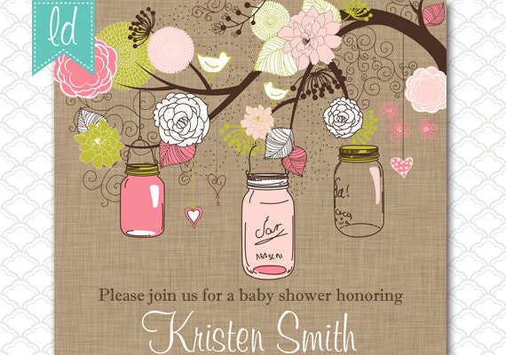 Mason Jar Invitation Printable Pink Green on Linen Kraft Paper - Custom for Any Occasion - Wedding - Birthday - Boy Baby Shower