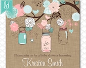 Mason Jar Invitation Printable Blue Pink on Linen Kraft Paper - Custom for Any Occasion - Wedding - Birthday - Boy Baby Shower