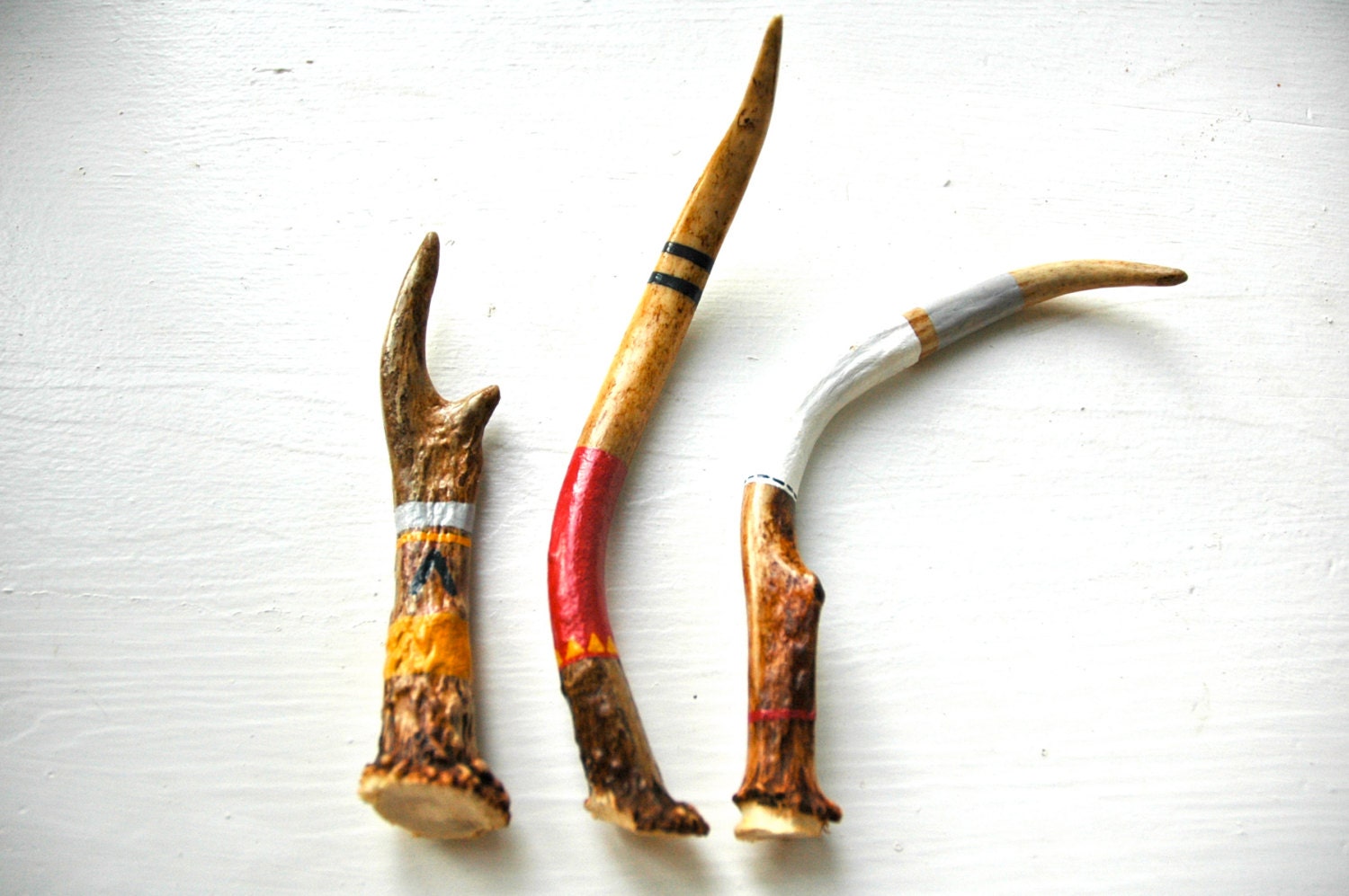 Set of 3 Deer Antlers- Tribal design in navy blue, white, mustard, icy blue and magenta