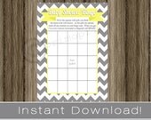 Baby Shower Bingo Game Cards gray chevron and yellow INSTANT DOWNLOAD diy digital printable file print your own Il_170x135