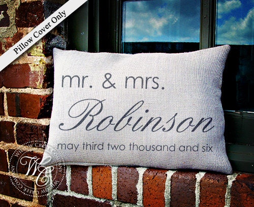 Personalized WEDDING Gift BURLAP PILLOW Cover-  Pillow with mr. and mrs., last name & Established Date
