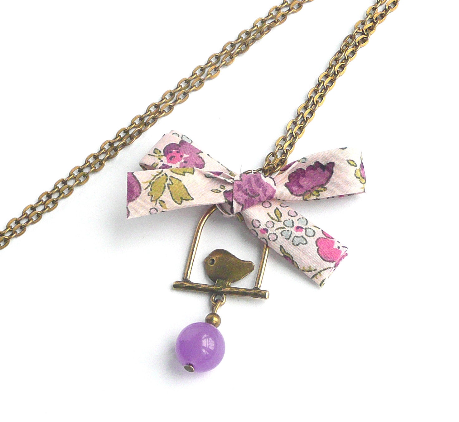 Chain necklace,bird pendant, antique bronze jewelry, Liberty ribbon, french,mother's day