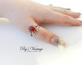 Vintage Red Jade Silver Plated Metal Ring Faux Diamond Size 10 Costume Jewelry