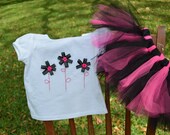 New Summer Girls Ribbon Flower T Shirt with Hand Embroidery and Pink and Black Tutu Polka Dots