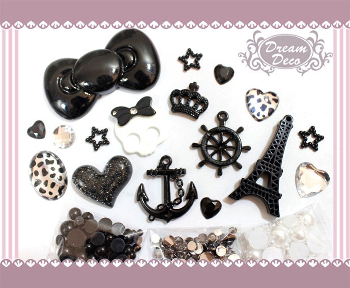 Black & White Kawaii Large Bow Anchor Wheel Leopard Bling Decoden Flatback Kit DIY cell phone case Cabochon Deco Set Kit DS686