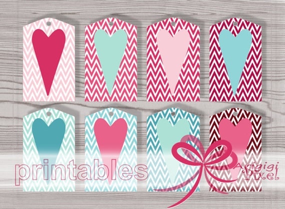 Printable Gift Tags in Pink Turquoise Chevron with Stretched Hearts PNG PDF file instant download Il_570xn