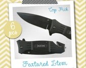 6 PERSONALIZED Engraved Black Rescue Hunting Pocket Folding Knife Knives - Groomsman Gift, Groomsmen Gifts, Bachelor Gift, for Men, Wedding