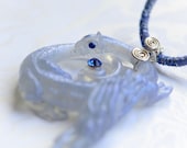 Pale Blue Wind Dragon, handmade resin sculpture of a beautiful fantasy dragon pendant on custom made cord necklace