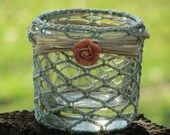 Crocheted tea light candle holder cozy - Mint green with raffia trim- Wedding decor - Shower decor