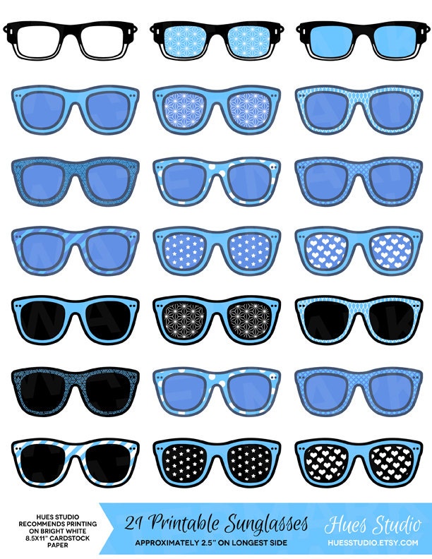 21 Blue GLASSES / SUNGLASSES Party Printables: Tags / Labels / Cupcake Toppers / Decor / Instant Download - Hues Studio