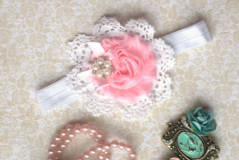 Little Lady Pink Pearls Shabby Chic Rosette Hair Bow or Headband for Little Girls Spring, Easter Fancy, Wedding, Baby Photo Prop Il_170x135