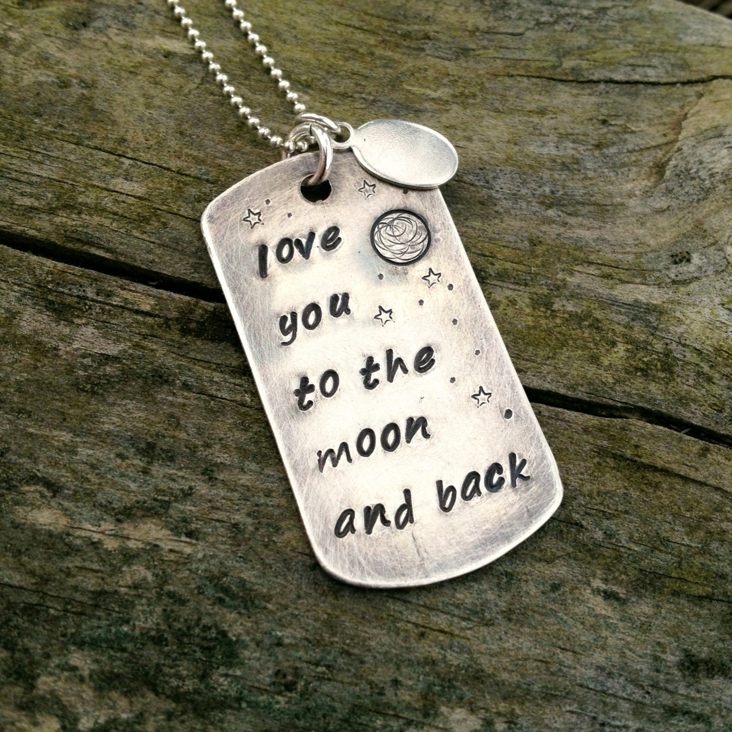 Love you to the Moon and Back, Personalized Initial ID Tag, Unisex Silver Dog Tag, Necklace