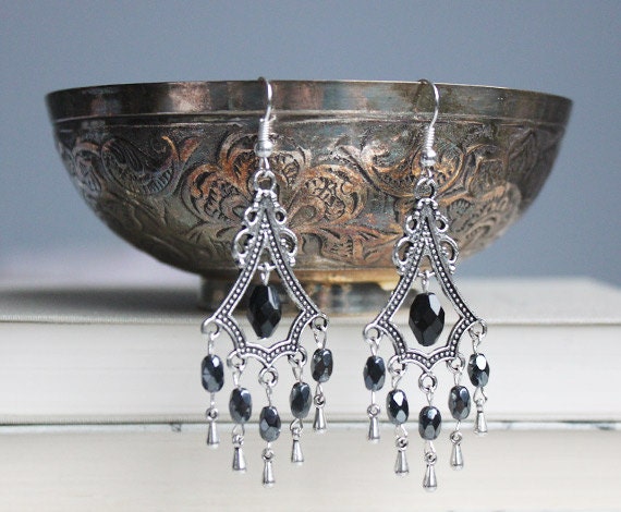 bohemian chandelier earrings silver, black // czech glass beads - handmade elegant jewelry
