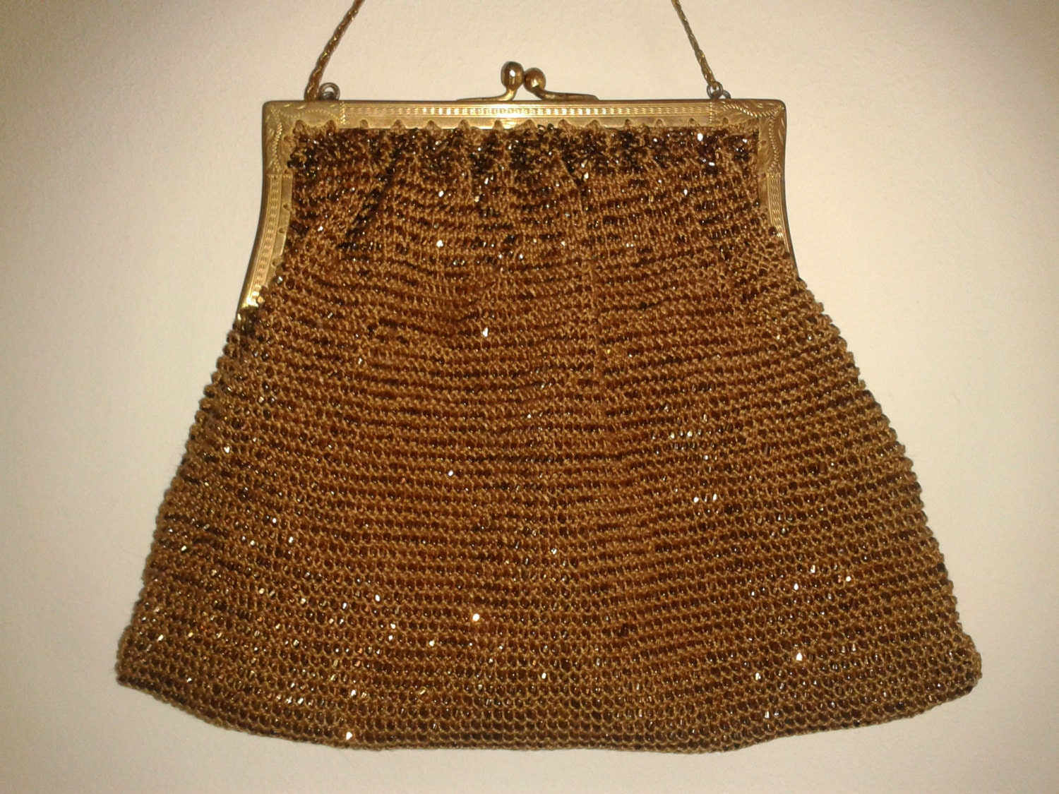 Sparkling Antique Bohemian Czech Bronze Beaded Evening Bag Purse, Ornate gilt frame, chain handle, Pristine