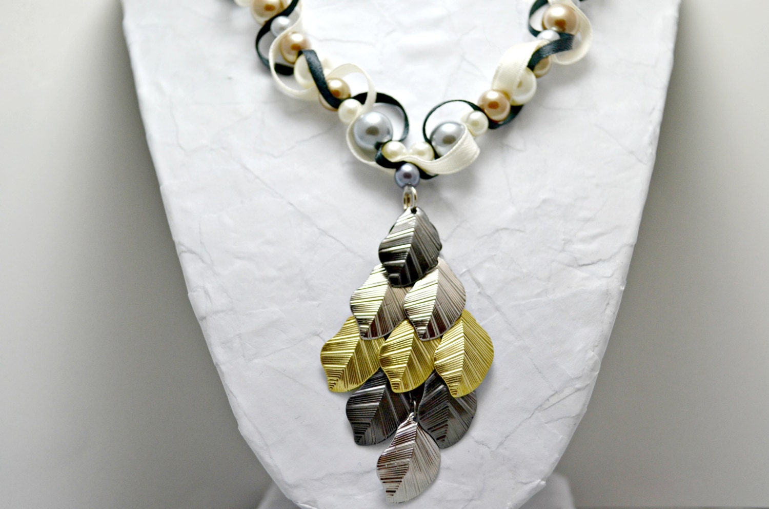 Tri-colored leaf pendant necklace. Bead and ribbon jewelry. Cream, grey and gold glass pearls. Black and ivory ribbon.  Free US shipping