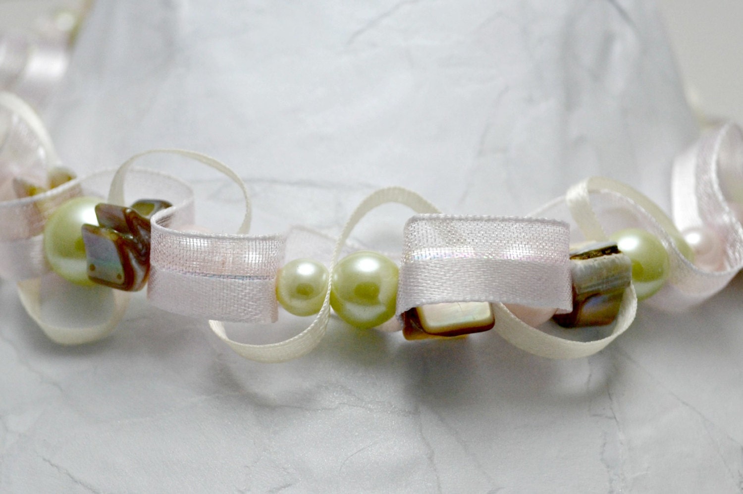 Elegant pale pink and mint bead and ribbon necklace. Mother of Pearl beads. Ships free.