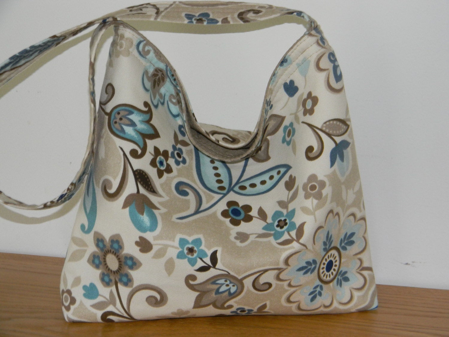Slouch Bag, Purse, Handbag, Tote Bag, Shoulder Bag, Cream, Tan, Brown with Blue Floral Fully Lined and Padded