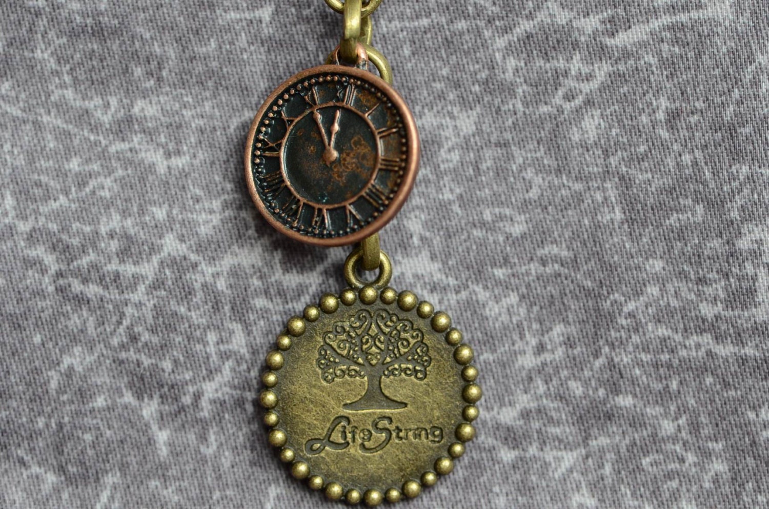 Antique Bronze  Necklace Jewelry ,  Metal Necklace , Chain Necklace , Pendant Life tree 20mm & Red Bronze clock watch 16mm