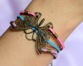 Lovely Butterfly bracelet , Pink purple blue leather bracelet , antique bronze metal charms bracelet , women bracelet
