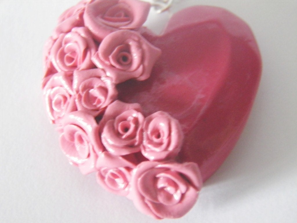 Rose Heart Pendant, Polymer Clay, Handmade Dozen Pink Roses on Cerise Heart