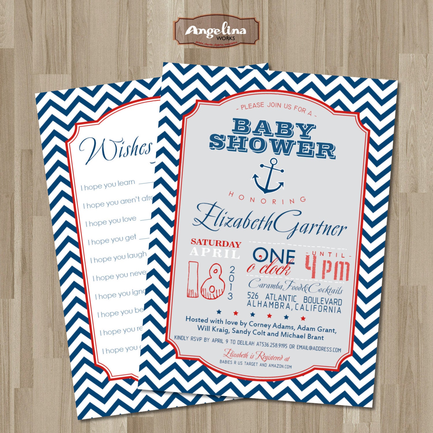 Nautical Baby Shower Invitation. DIY card. blue Chevron. Digital Printable card 5x7inch