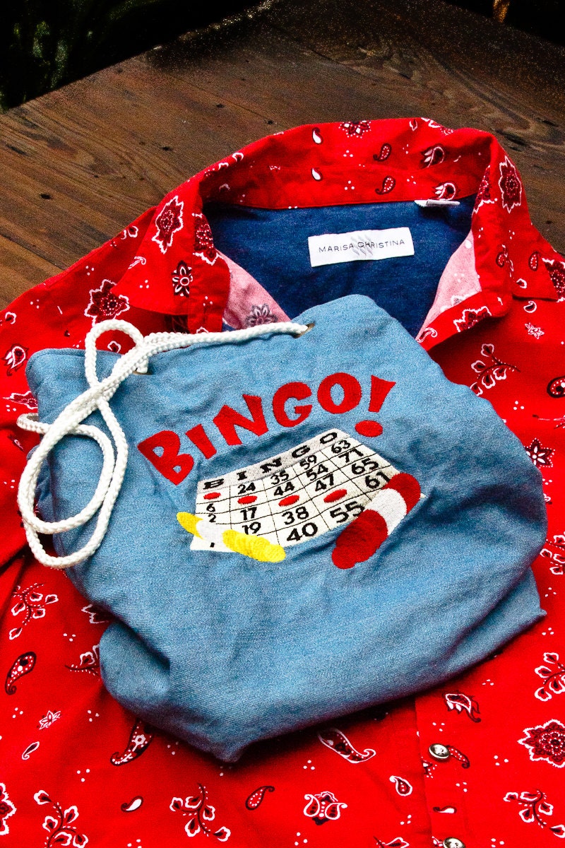 Red White Blue Denim Bingo Bag & Bandana Western Blouse. Memorial Day Embroidered Cotton Drawstring Bag for Granny w/ Casino-Casual Shirt