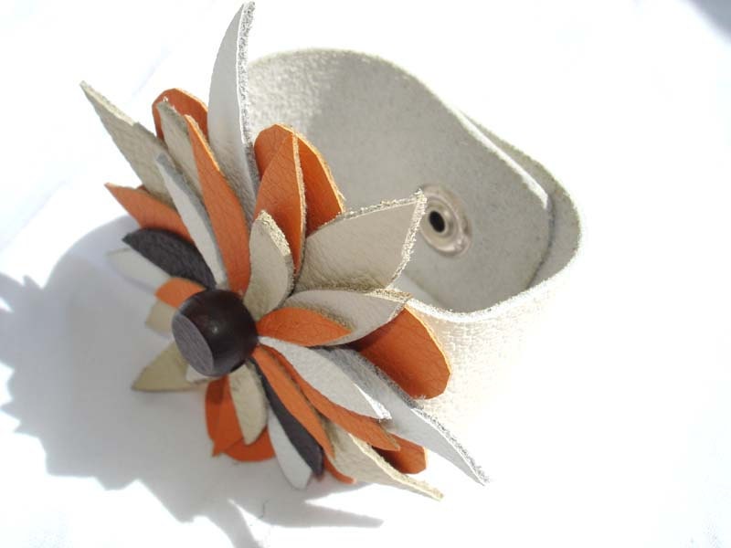 Orange  Bracelet. White Cuff Bracelet. Leather Wrist Cuff.  Wide Leather Bracelet