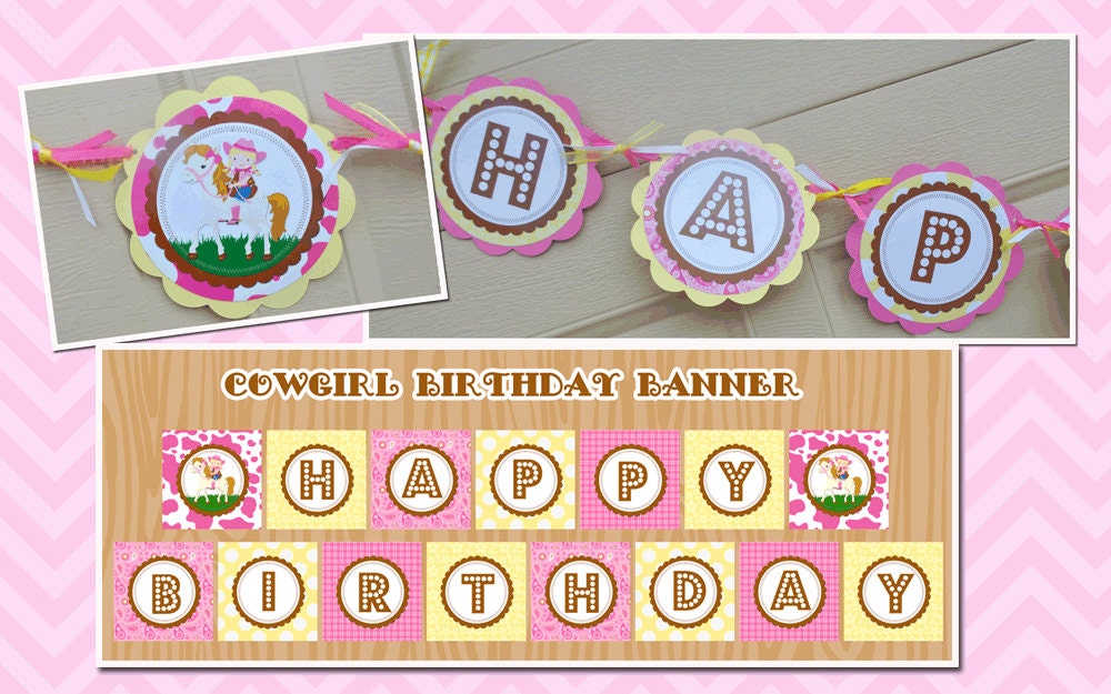 Pink and Yellow Cowgirl and Horse Happy Birthday Banner with Age - Printable