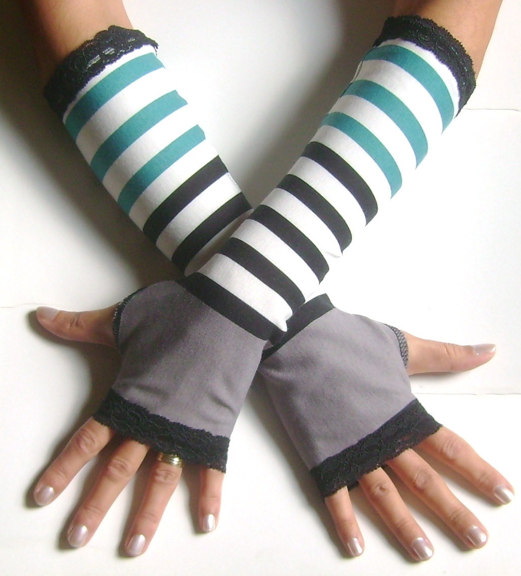 Long Striped Fingerless  cotton gloves white black  turquoise green brown gloves   free shipping