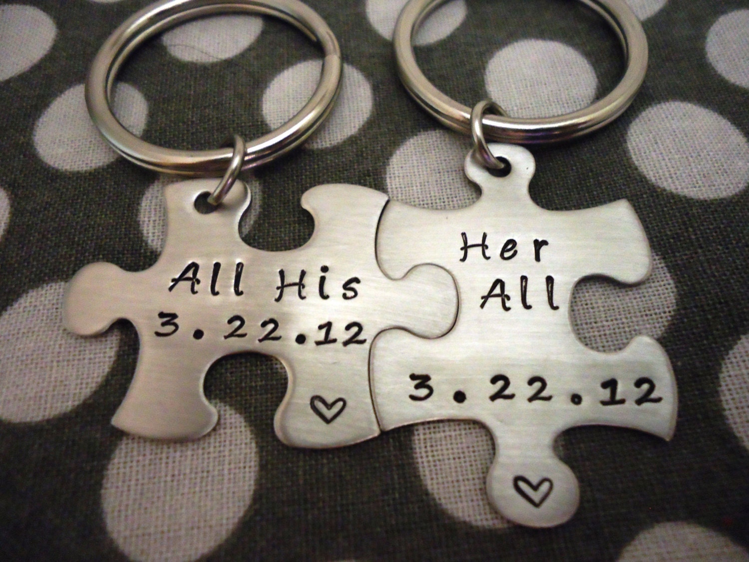 Personalized Puzzle Piece Key Chain Duo All His Her All - Hand Stamped Stainless Steel SHIPPED in 10-14 Days, SHIPPING TIME 3-5 Days