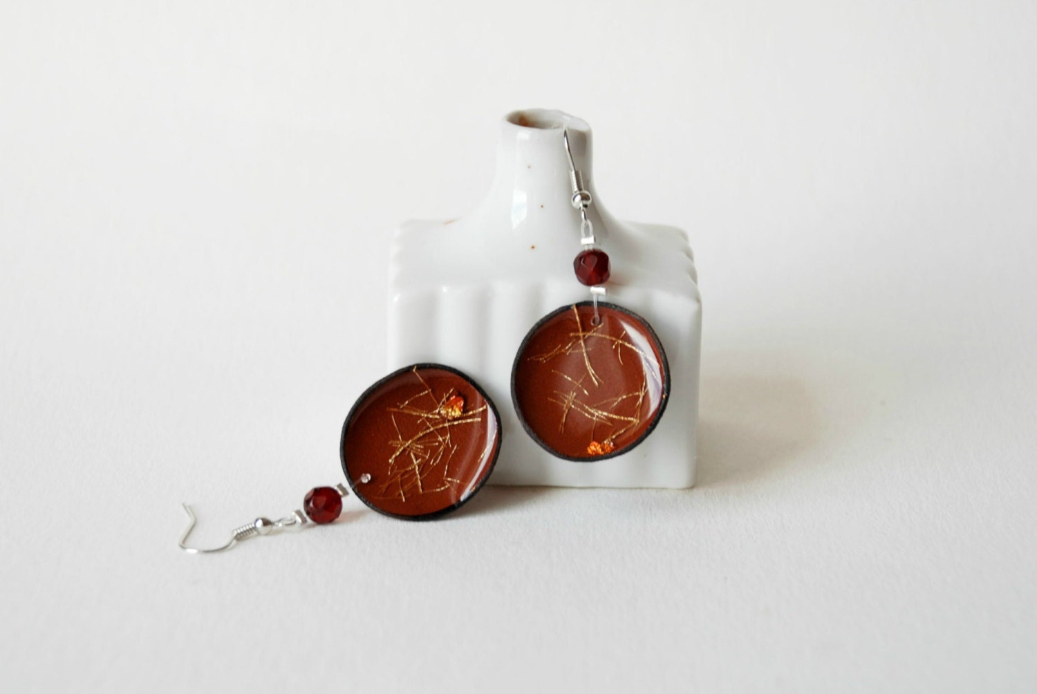 Leather earrings - Crystal resin - Brick orange brown