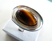 Vintage Sterling Silver mid century, modernist designer ring with large tigers eye by Finland maker Ellis Kauppi, Kuppitaan Kulta  1970s