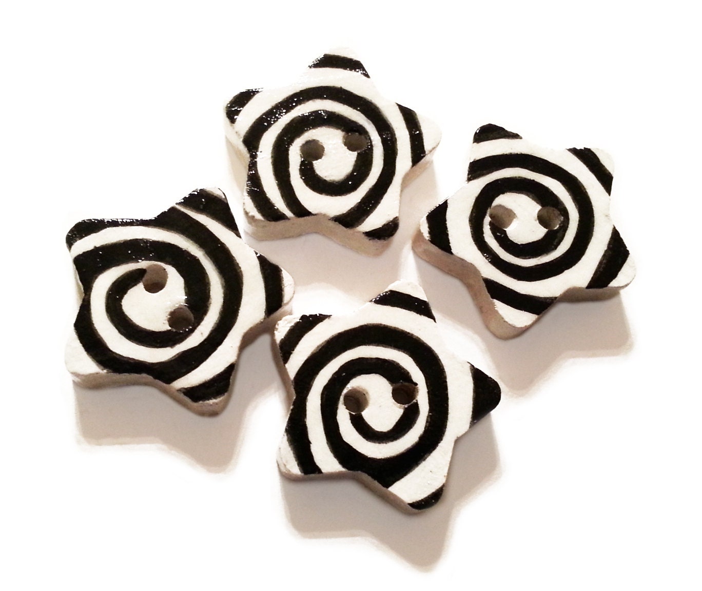 Black Spiral White Star Wood Buttons Set Of Four Hand Painted Wooden Button Sewing Knitting Crochet Supply