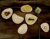Six Amorphous Ceramic Dishes  Tapas Plate  ,Tea bag holder, Spoon rest , Dish in White/ Green,Amorphous  shell shape dish