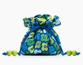 Navy Blue&Lime Green Floral Drawstring Jewelry Bag, Retro Fabric Pouch, Hipster Travelling Accessory, Indie Purse