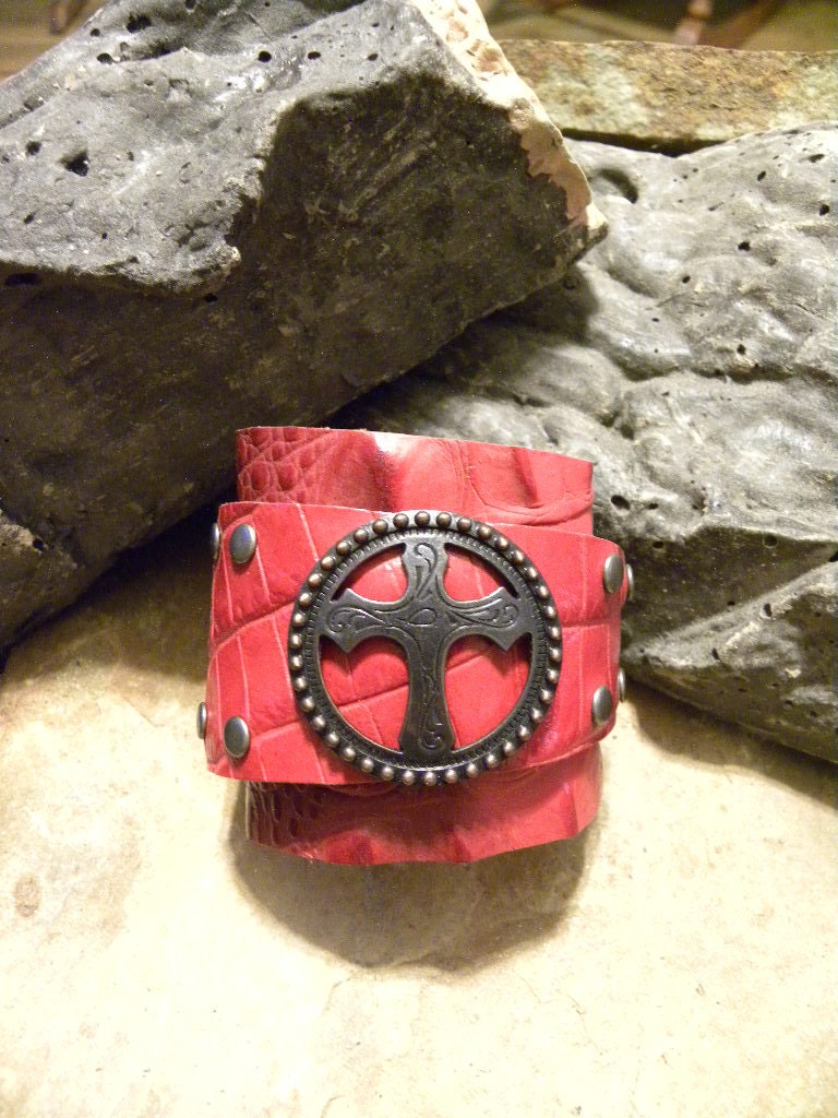 Leather Handmade Red Wrap Cuff Antiqued Religious Cross Studded Bangle Bracelet