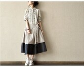 Grey  fit  linen  long sleeved Embroidering Flower  shirt cotton open shirt