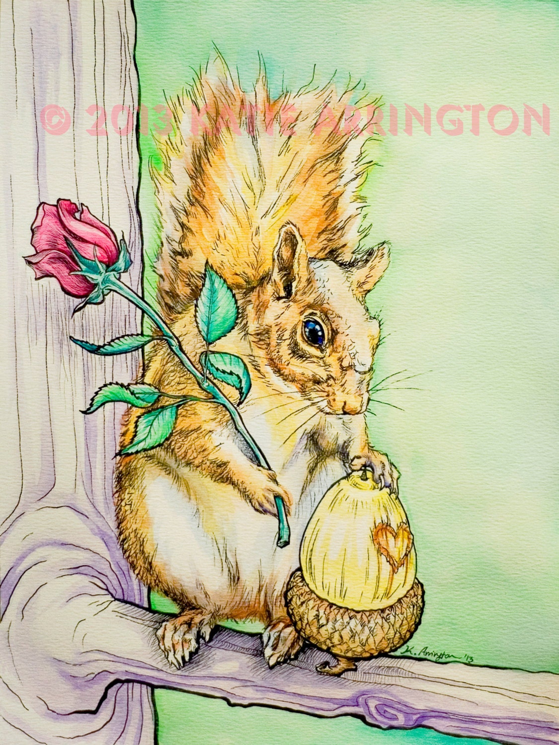 Squirrel in Love Original Drawing and Watercolor Painting - 9x12 OOAK cute animal art