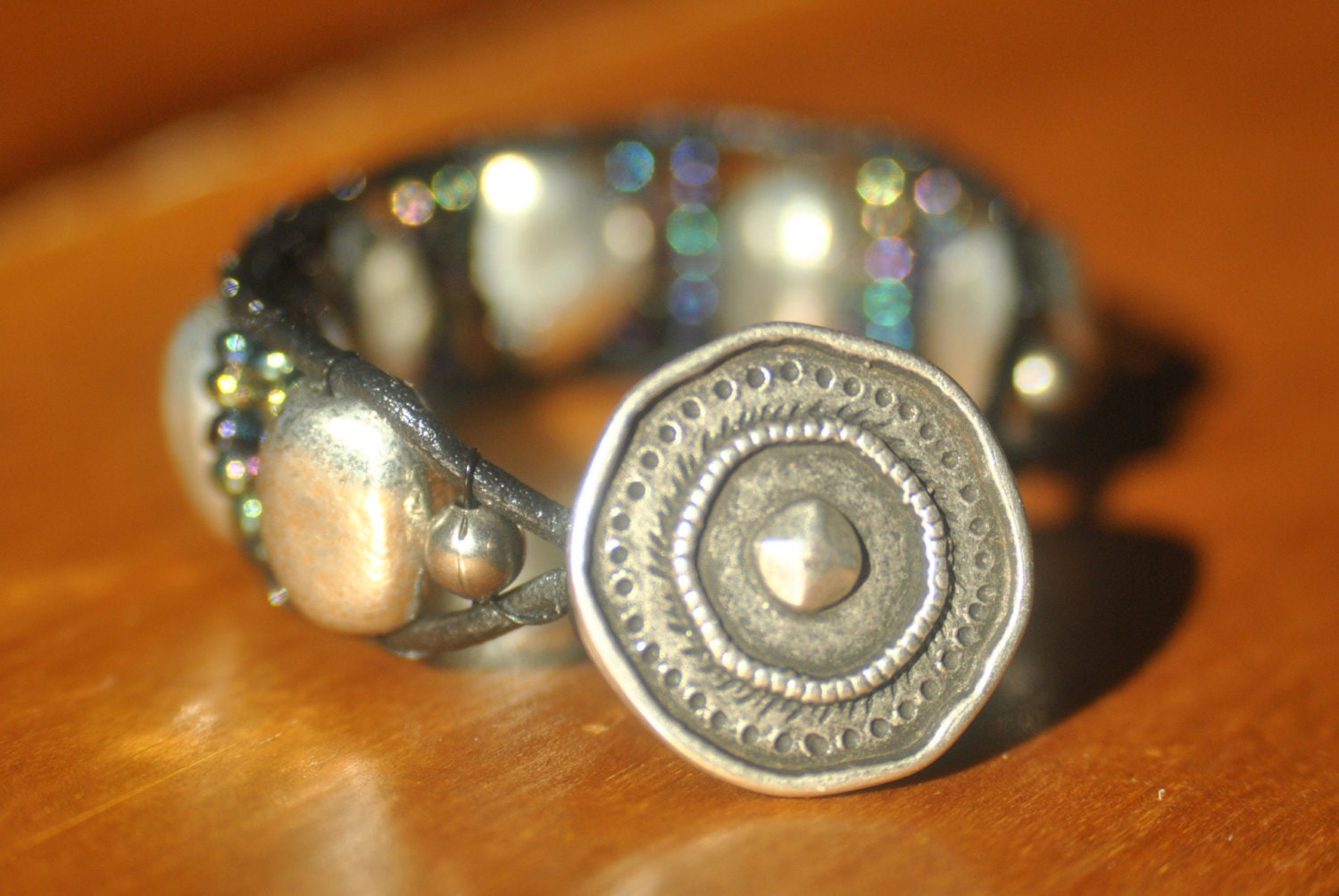 Silver Nugget and Purple Beaded Wrap Bracelet with Silver Metal Button Closure READY TO SHIP