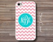 Personalized iPhone 4/ 4s and 5 Case - Pink  Chevron With Turquoise Blue Monogram iPhone Hard Case- Cell Phone Chevron Pattern Geometric