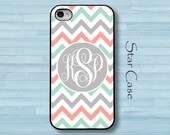 Personalized Monogrammed iPhone 4/ 4s and 5 Case - Pastel Chevron With Grey Monogram iPhone Hard Case- Cell Phone Chevron Pattern Geometric