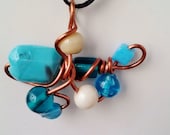 Abstract Copper,Turquoise Blue & White Glass Bead Pendant Necklace, Summer Style, Hemp Cord Necklace, Wire Wrapped Jewelry,