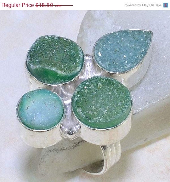 Summer Sale New Green, Sea and Blue,Turquoise Druzy Gemstone Silver Ring, 4 Stones, Size 6.5, Agua - FabLilly