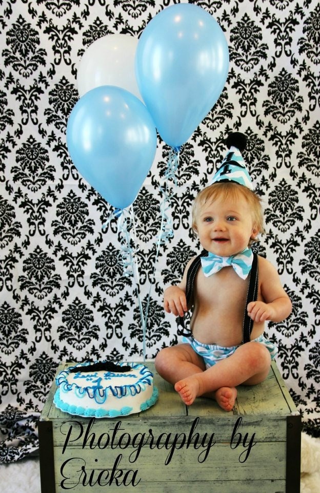 Custom Boys Birthday Suit with Diaper Cover, Suspenders, Hat, and Bow Tie (OTHER COLORS AVAILABLE)