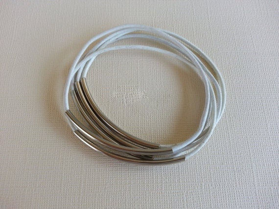 White Leather Bangle Bracelets with Silver Colored Metal Tubes