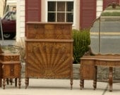 antique STUNNING entire bedroom set Art Deco geometric waterfall burl pattern vanity dresser nightstand and Twin bed